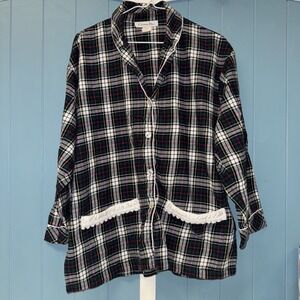 Christian Dior Plaid pajama TOP Women's Size Large Long Sleeve Button Up V Neck